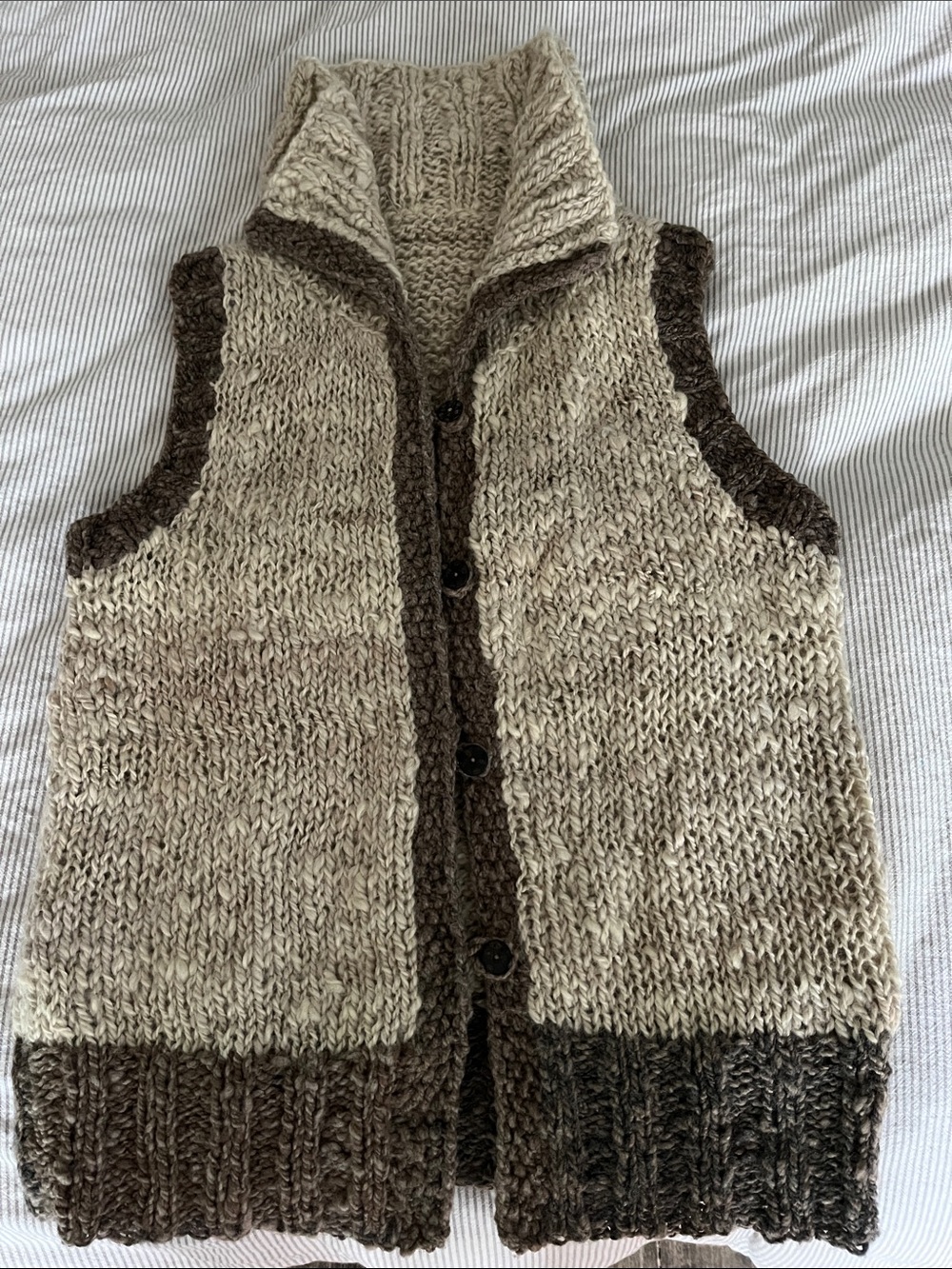 Women’s hand Knit Button-Front Vest in Beige and Brown with incredible collar